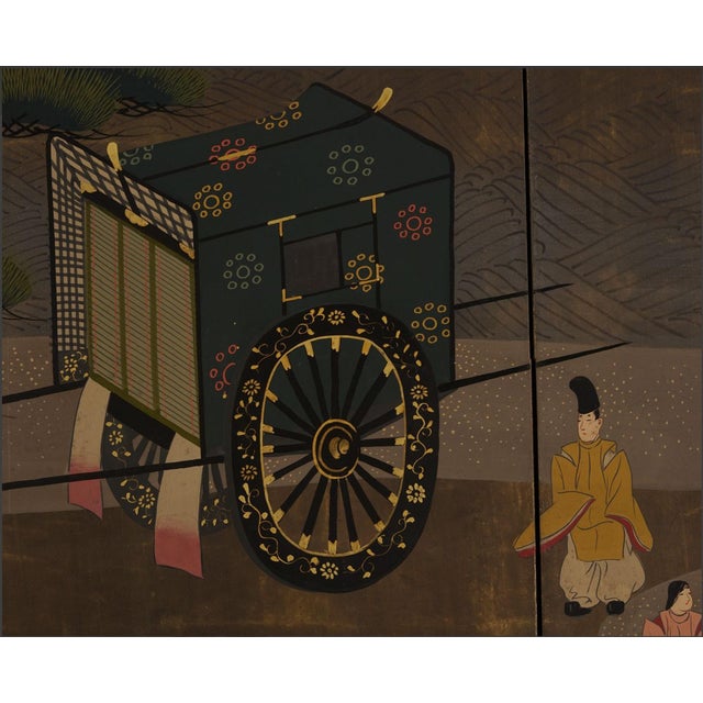 Brown Japanese Painted Screen, Landscape W/ Rikshaw & Figures For Sale - Image 8 of 11