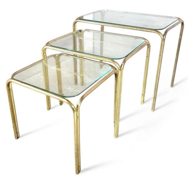 Mid-Century Hollywood Regency Brass and Glass Nesting Tables, 1970s, Set of 3 For Sale - Image 9 of 9
