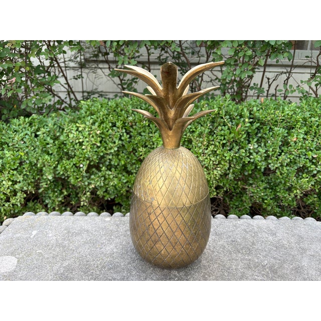 Large Hollywood Regency Brass Pineapple Ice Bucket/Container. Offered is a beautiful chased brass pineapple storage...