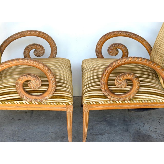 Pair French Modern Carved Feather Scroll Arm Lounge Chairs, Style Maison Jansen For Sale - Image 15 of 18