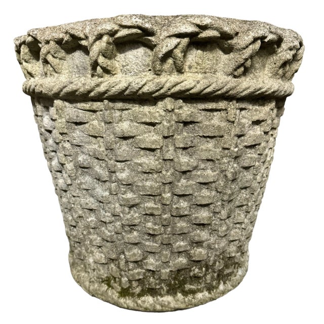 French Mid Century Cast Stone Woven Basket Planters - Set of 2 For Sale In Miami - Image 6 of 7