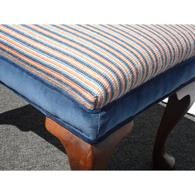 Vintage Queen Anne Blue Stripped Footstool Bench For Sale - Image 9 of 12