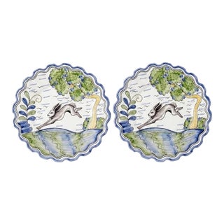 Pair of Andrea by Sadek Portuguese Majolica Style Leaping Hare Plates For Sale