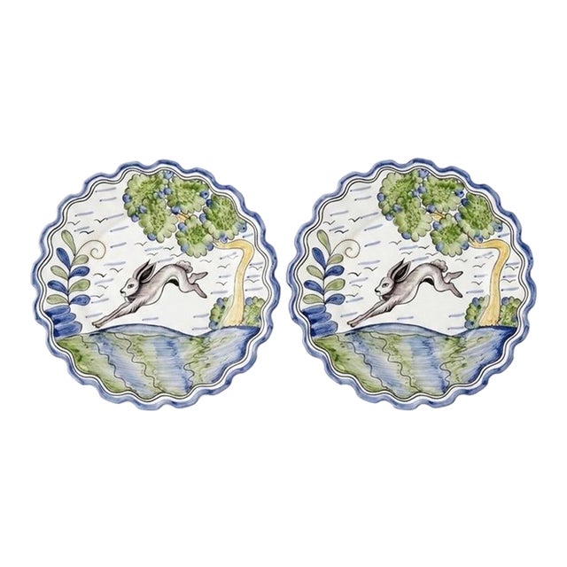 Pair of Andrea by Sadek Portuguese Majolica Style Leaping Hare Plates For Sale