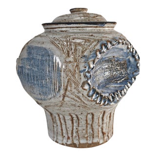 Studio Art Pottery Scraffito Blue and Gray Vase 7.25" For Sale