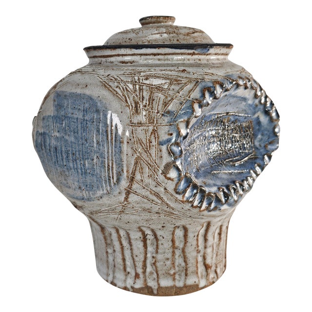 Studio Art Pottery Scraffito Blue and Gray Vase 7.25" For Sale