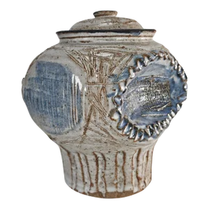 Studio Art Pottery Scraffito Blue and Gray Vase 7.25"