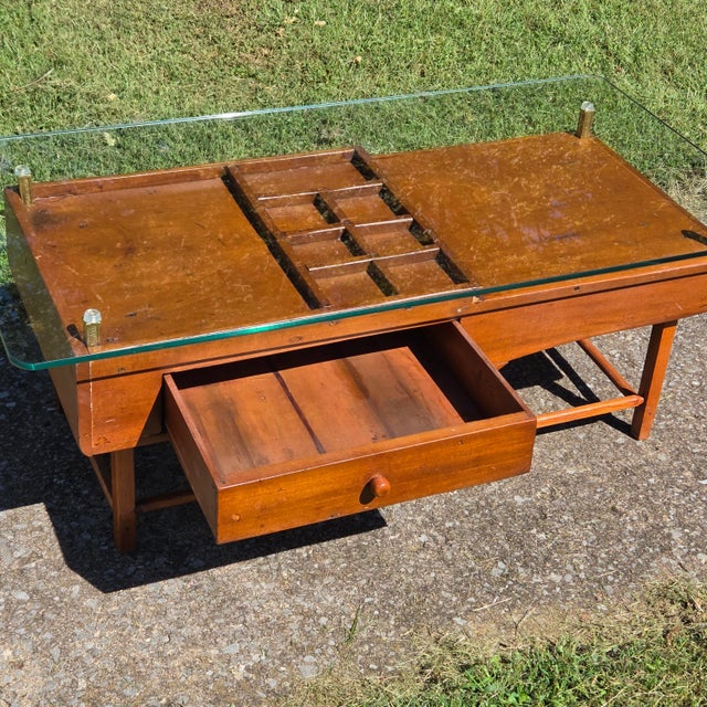 Antique Hardwood Oak Cobblers Accent Table W/ Glass Top For Sale - Image 4 of 10