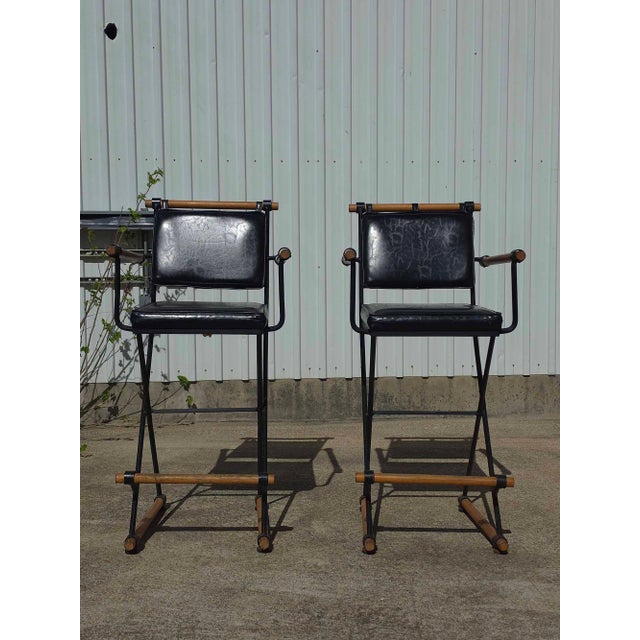 Wood Pair of Cleo Baldon for Inca Campaign Style Bar Stools For Sale - Image 7 of 7