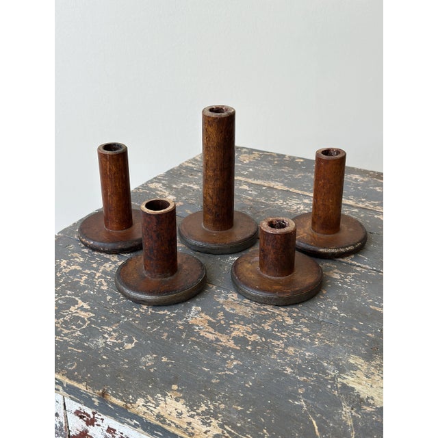 1950s Vintage Folk Art Repurposed Textile Spool Candleholders, Set of Five, Circa 1950s For Sale - Image 5 of 10
