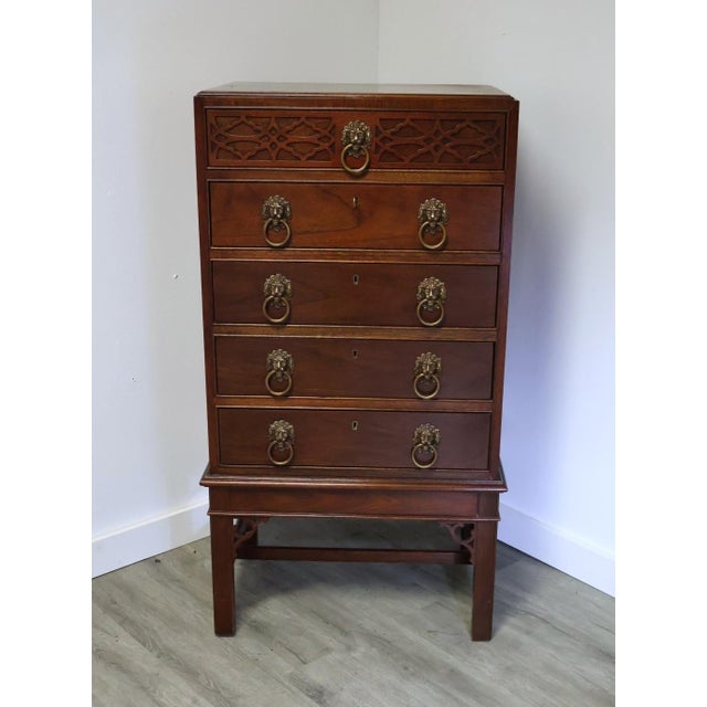 Wood 1980s Baker Historic Charleston Mahogany Tall Chest With Lion Head Pulls For Sale - Image 7 of 10