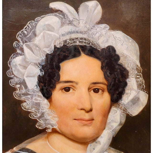 Textile Portrait of a Lady Wearing a White Lace Bonnet-19th Century Oil Painting For Sale - Image 7 of 10
