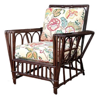 Vintage Stick Rattan Lounge Chair in Vintage Schumacher Paisley For Sale