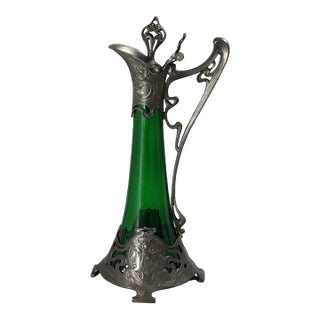 1910s Art Nouveau WMF Claret Jug With Green Glass Liner For Sale