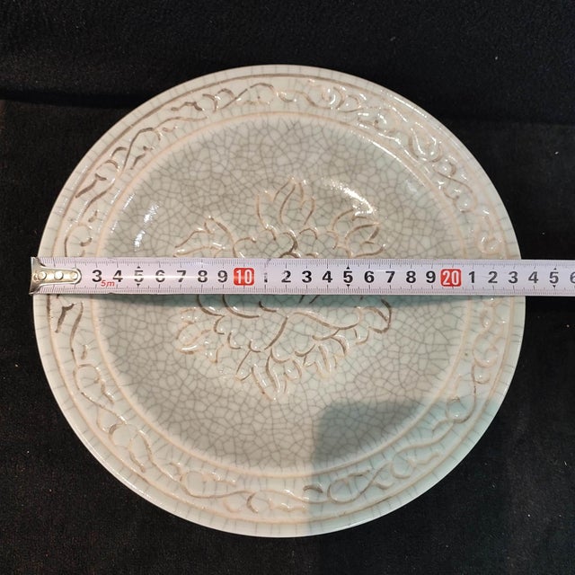 Chinese Ceramic Plate,Guan Ware Crackle Glaze Porcelain Plate Hand Carved Flowers Pattern For Sale - Image 10 of 10