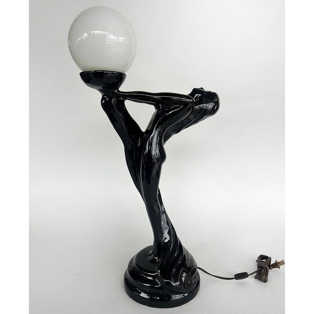 Art Deco Mid 20th Century Large Art Deco Ceramic Table Lamps, Glass Shades - a Pair For Sale - Image 3 of 13