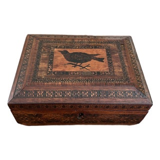 Antique English Wood Inlay Tunbridge Box With Bird Motif For Sale