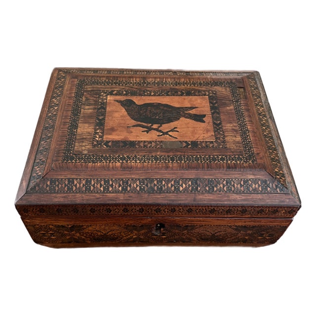 Antique English Wood Inlay Tunbridge Box With Bird Motif For Sale
