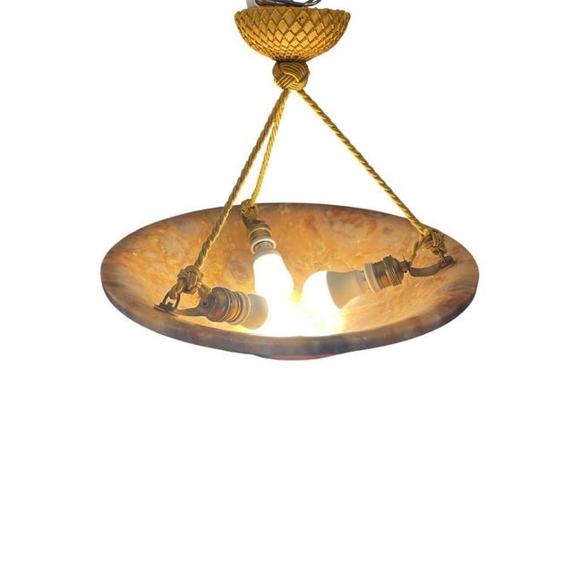 Stone Swedish Alabaster Pendant Lamp with Gilded Details, 1940s For Sale - Image 7 of 8