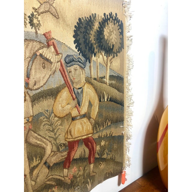 1990s Hand Woven Wool Tapestry Fragment Featuring a Man on Horseback With Guide in Gold, Green and Red Colors For Sale - Image 4 of 6