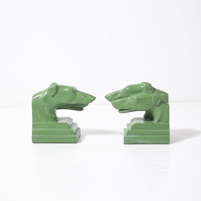 Paint Pair of Green Enameled Double Greyhound Bookends Signed Nuart Creations For Sale - Image 7 of 10