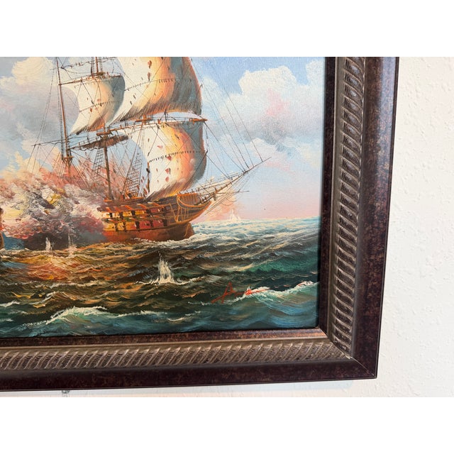 Original Marine Naval Battle Oil Painting Sailing Ships Seascape Framed, Signed For Sale - Image 9 of 11