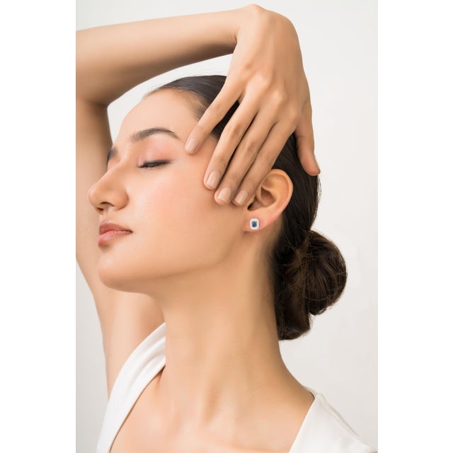 Timeless Emerald-Cut Blue Sapphire & Diamond Halo Stud Earrings 14k White Gold For Sale - Image 9 of 16