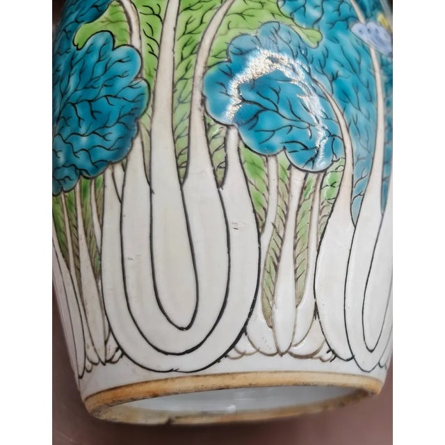 Ceramic Antique Qing Dynasty Ginger Jar Famille Verte Bok Choy & Buttefly Signed For Sale - Image 7 of 9