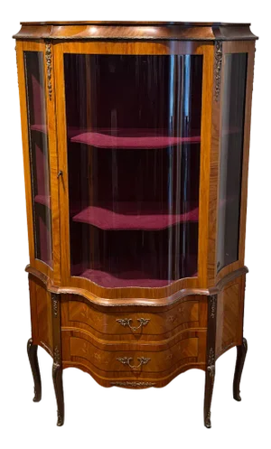 Antique Louis XV Style Vitrine Cabinet with Marquetry, 1890s