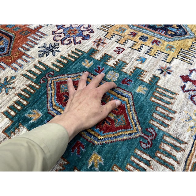 Ivory & Blue Sultani Natural Dye Wool Rug, Tribal Geometric Medallion Design, 6′10″ × 9′10″ For Sale - Image 10 of 14
