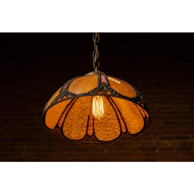 Victorian Antique Amber and Rose Stained Slag Glass Hanging Lamp For Sale - Image 3 of 6