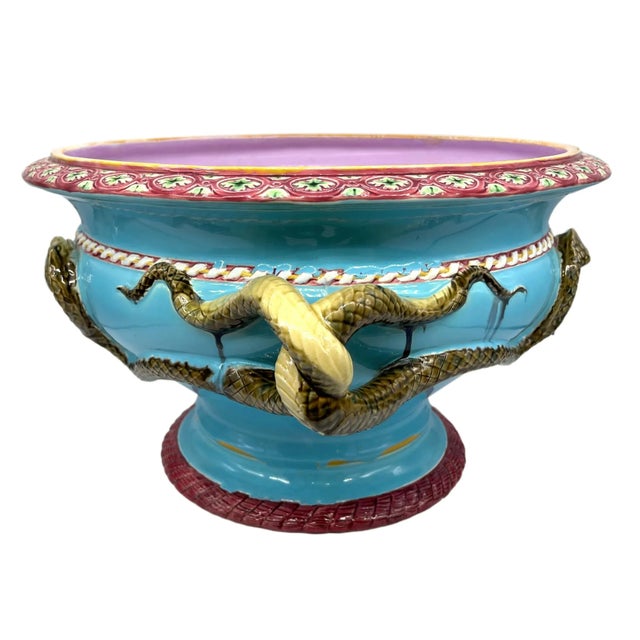 Victorian A Minton Majolica Turquoise Ground Snake-Handled Jardinière, Dated 1858 For Sale - Image 3 of 13