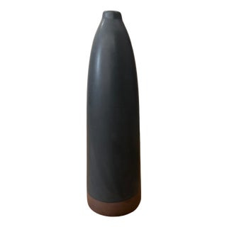 Skinny Midnight Black Ceramic Matte Vase with Brown Base For Sale