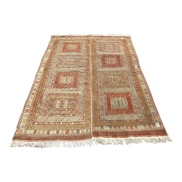 1960s Rustic Embroidered Kilim Rug - 67" X 96" For Sale
