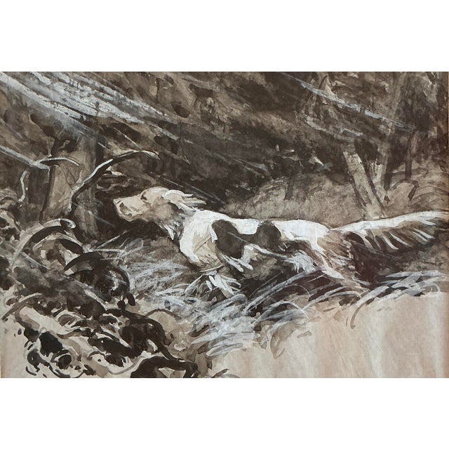 Vintage gouache painting of a hunting dog at attention. Artwork in custom, dark wood frame measures 11.75" x 15". Artwork...