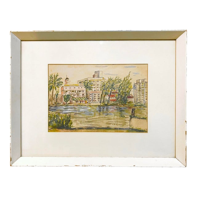 Framed Painting of Miami Beach Circa 1950 For Sale