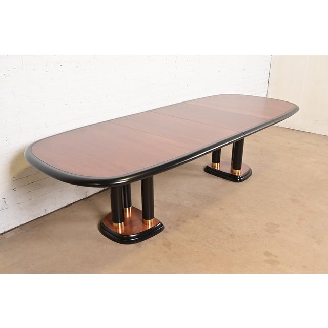 Art Deco Drexel Heritage Modern Art Deco Walnut and Black Lacquered Double Pedestal Extension Dining Table, Newly Refinished For Sale - Image 3 of 14