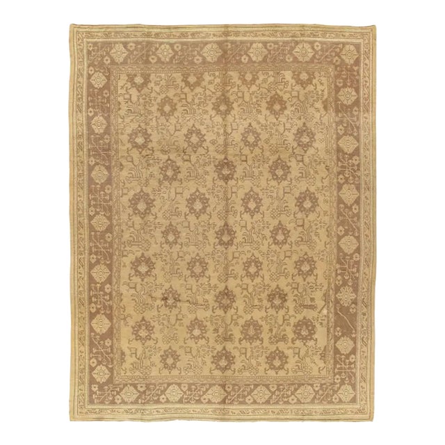 Antique Oushak Carpet, Handmade Oriental Rug, Made in Turkey, Beige, Brown 1910 For Sale