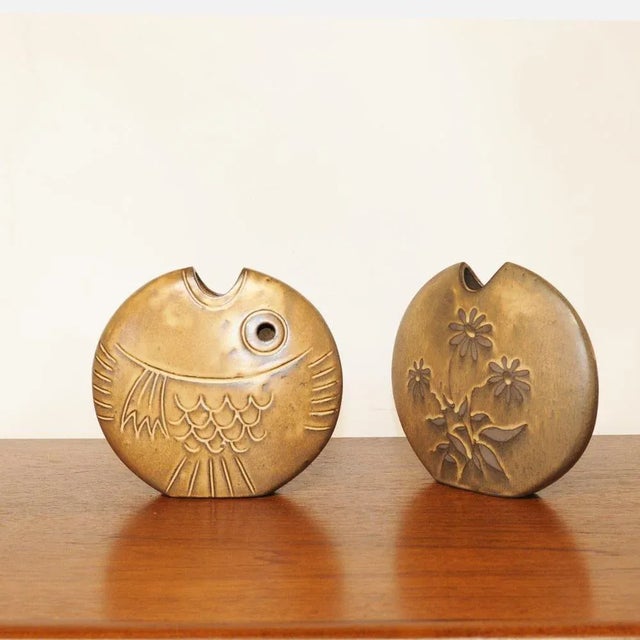 Mid-Century Brown Ceramic Fish and Flower Vases from Rois de Majorque, France, 1970s, Set of 2 For Sale - Image 13 of 13