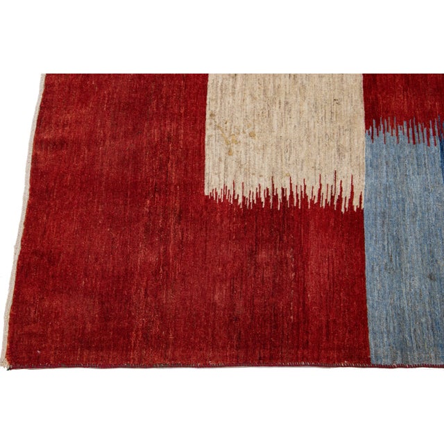 Red Modern Handmade Shouli Gabbeh Persian Wool Rug With Abstract Motif For Sale - Image 4 of 10