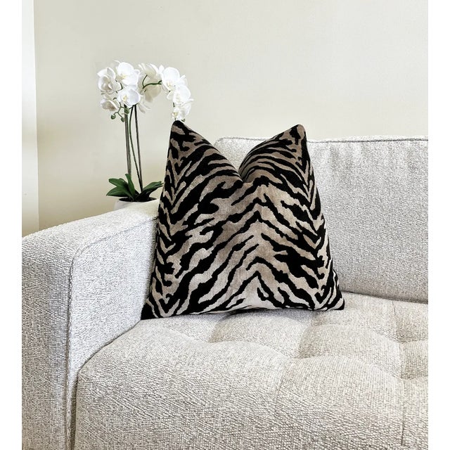 Taupe Black Velvet Zebra Print Throw Pillow With Feather Down Insert For Sale - Image 4 of 6