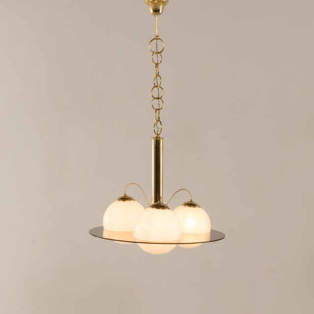 Gold Mid-Century Italian Brass and Opaline Glass Chandelier in the style of Romeo Rega, 1970s For Sale - Image 8 of 8