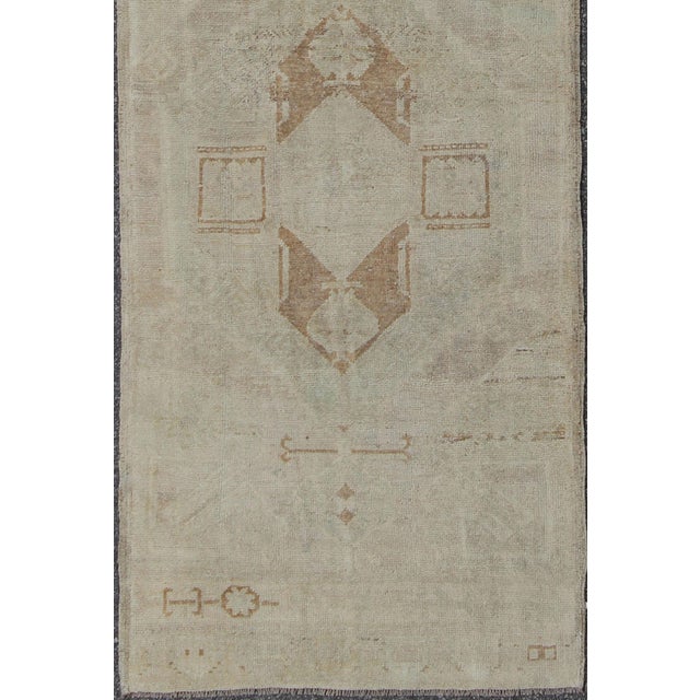 Tribal Vintage Oushak Turkish Runner With Ivory, Taupe and Light Brown and Faint Green For Sale - Image 3 of 6