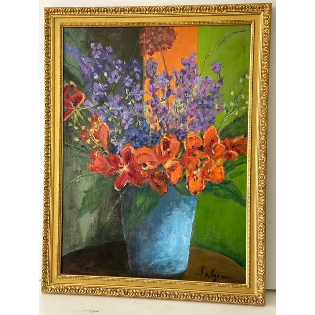 Vibrant floral still life - flowered in. Blue vase . Signed Slagman. In period gold frame.