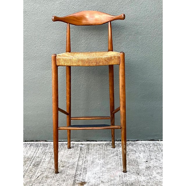 Chocolate Vintage MCM Wood and Rush Bar Stool For Sale - Image 8 of 12