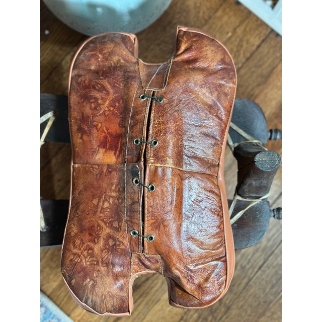 1960s Mid-Century Egyptian Tooled Leather & Hardwood Camel Saddle Footstool For Sale - Image 5 of 9