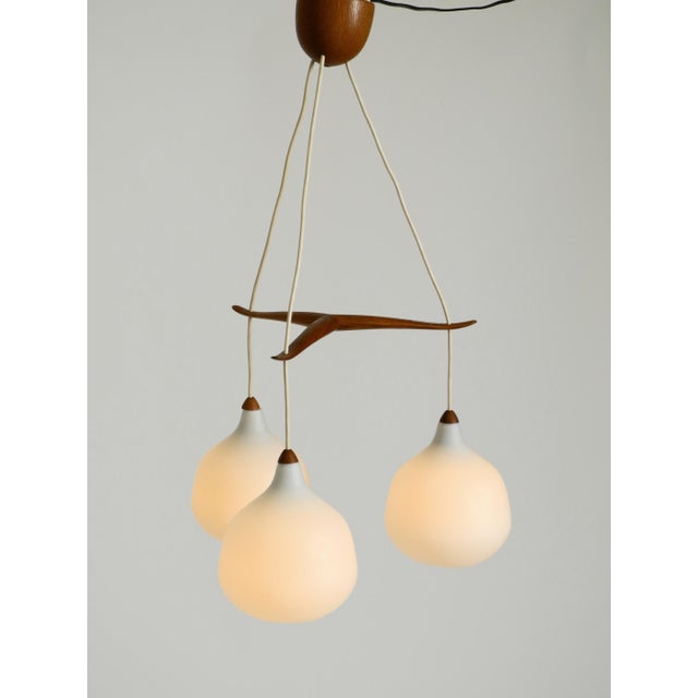 1950s Pendant Lamp with Three Opal Glass Shades and Teak Frame by Uno & Östen Kristiansson for Luxus Vittsjö, Sweden, 1957 For Sale - Image 5 of 17