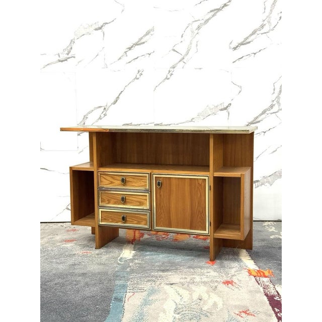 Console Scandinavian Design 1960's Modernism. All-wood frame, brass handles, golden metal details and profile, mirrored...