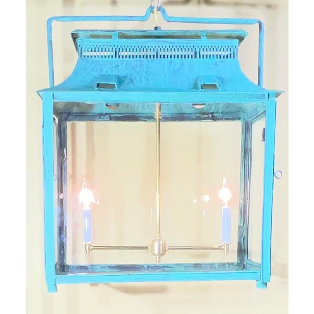 Turquoise One of a Kind Hand-Painted Turquoise Hanging Lantern Steel & Solid Brass For Sale - Image 8 of 18