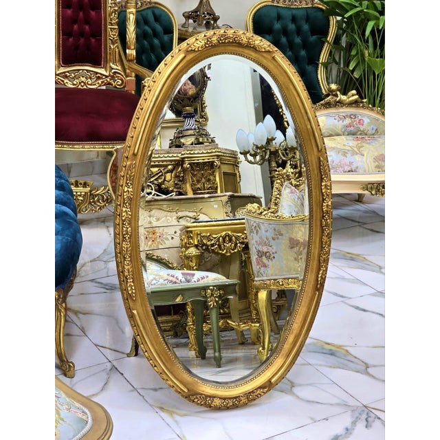 2000 - 2009 Oval Wall Mirror With Floral Center Detail & Gold Leaf Frame For Sale - Image 5 of 5